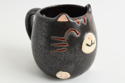 Mino ware Japanese Pottery Mug Cup Cat Shape Matte Black made in Japan