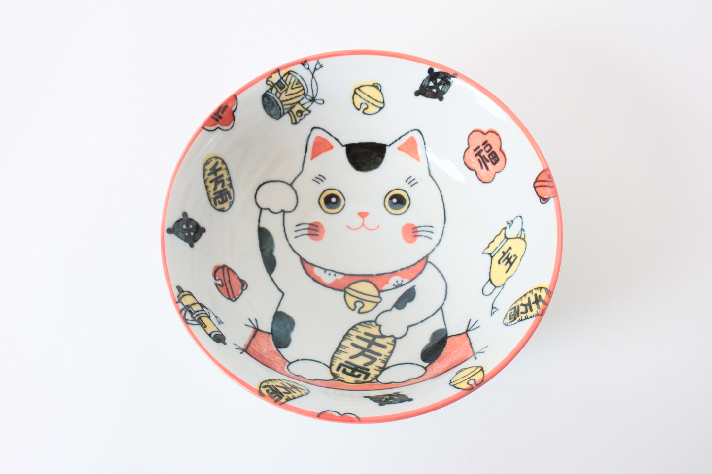 Mino ware Japanese Ceramics Ramen Noodle Donburi Bowl Lucky Beckoning Cat Manekineko Red made in Japan