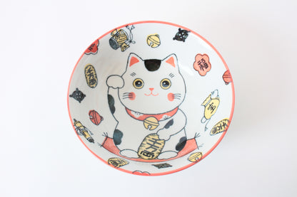 Mino ware Japanese Ceramics Ramen Noodle Donburi Bowl Lucky Beckoning Cat Manekineko Red made in Japan