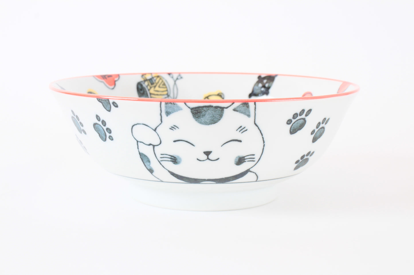 Mino ware Japanese Ceramics Ramen Noodle Donburi Bowl Lucky Beckoning Cat Manekineko Red made in Japan