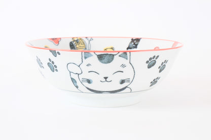 Mino ware Japanese Ceramics Ramen Noodle Donburi Bowl Lucky Beckoning Cat Manekineko Red made in Japan
