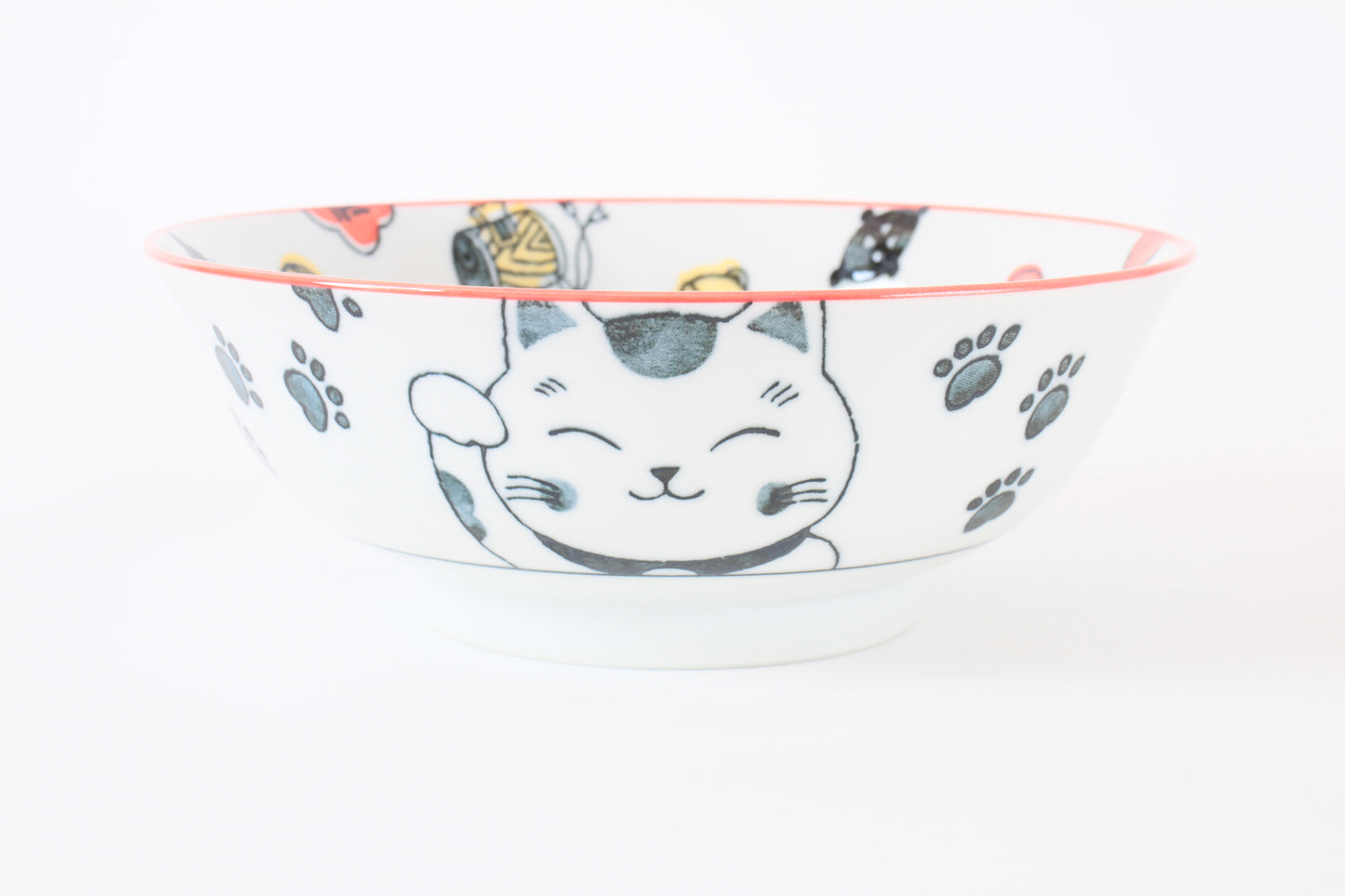Mino ware Japanese Ceramics Ramen Noodle Donburi Bowl Lucky Beckoning Cat Manekineko Red made in Japan