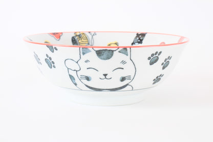 Mino ware Japanese Ceramics Ramen Noodle Donburi Bowl Lucky Beckoning Cat Manekineko Red made in Japan