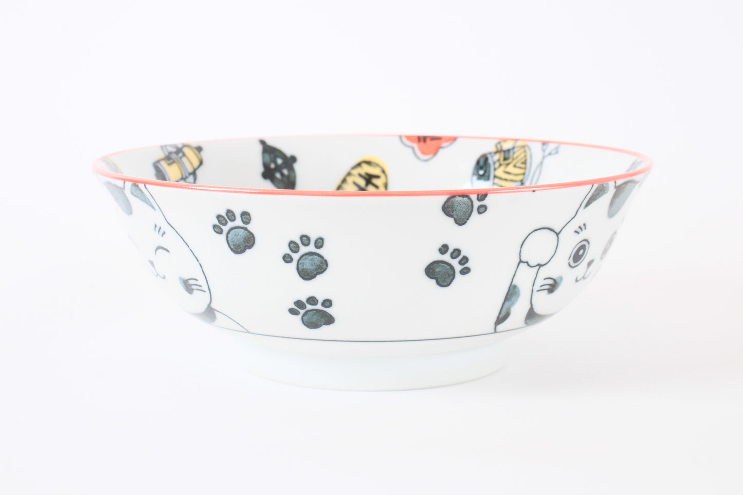 Mino ware Japanese Ceramics Ramen Noodle Donburi Bowl Lucky Beckoning Cat Manekineko Red made in Japan