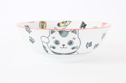 Mino ware Japanese Ceramics Ramen Noodle Donburi Bowl Lucky Beckoning Cat Manekineko Red made in Japan