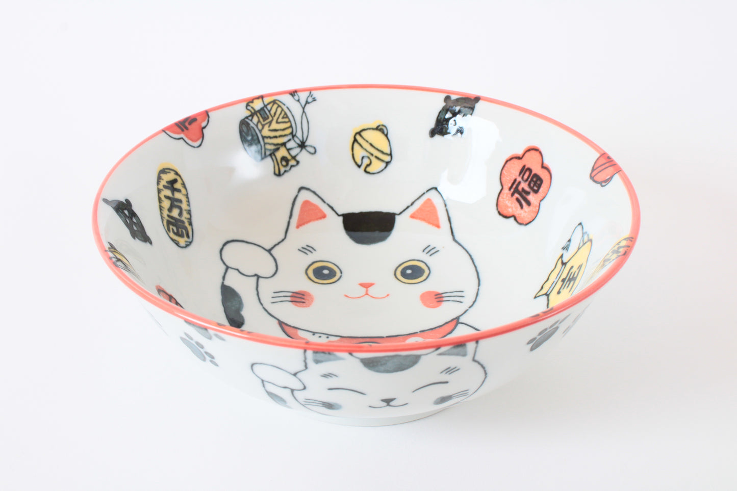 Mino ware Japanese Ceramics Ramen Noodle Donburi Bowl Lucky Beckoning Cat Manekineko Red made in Japan