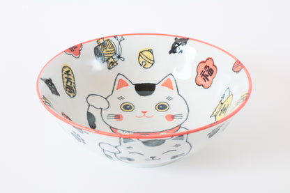 Mino ware Japanese Ceramics Ramen Noodle Donburi Bowl Lucky Beckoning Cat Manekineko Red made in Japan