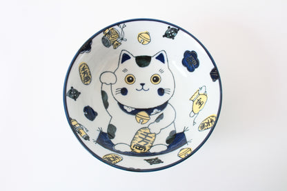 Mino ware Japanese Ceramics Ramen Noodle Donburi Bowl Lucky Beckoning Cat Manekineko Navy Blue made in Japan