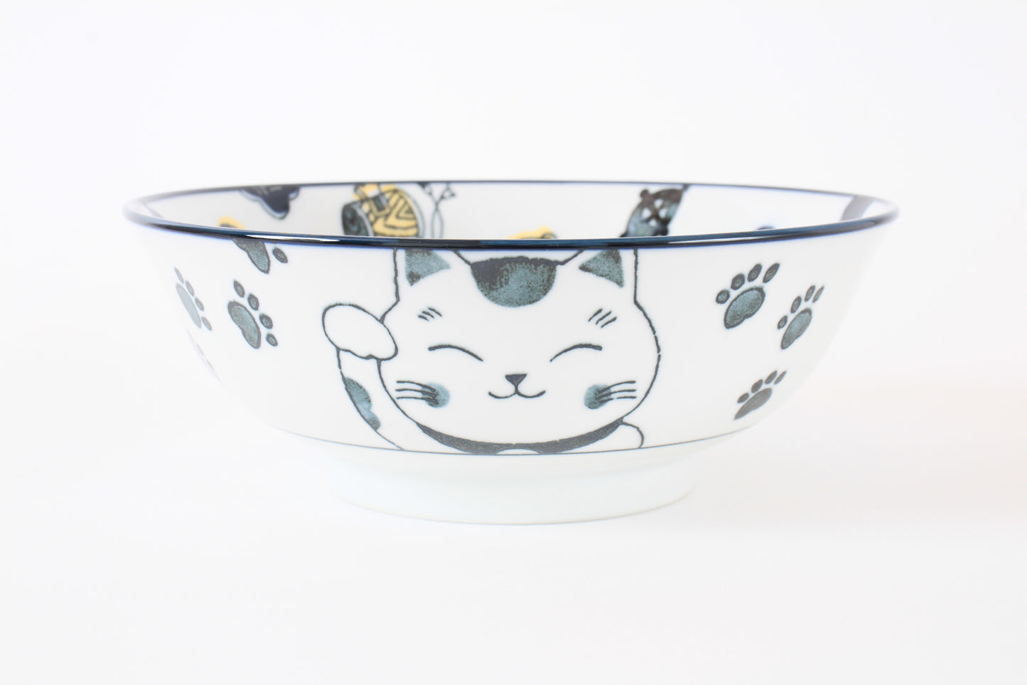 Mino ware Japanese Ceramics Ramen Noodle Donburi Bowl Lucky Beckoning Cat Manekineko Navy Blue made in Japan