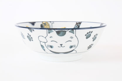 Mino ware Japanese Ceramics Ramen Noodle Donburi Bowl Lucky Beckoning Cat Manekineko Navy Blue made in Japan