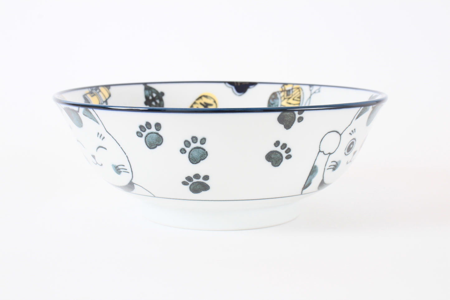 Mino ware Japanese Ceramics Ramen Noodle Donburi Bowl Lucky Beckoning Cat Manekineko Navy Blue made in Japan
