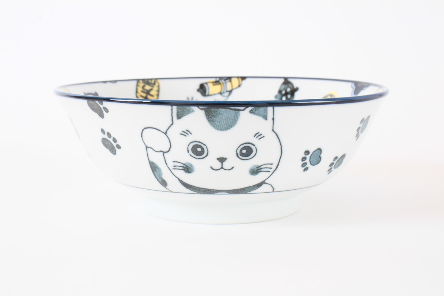 Mino ware Japanese Ceramics Ramen Noodle Donburi Bowl Lucky Beckoning Cat Manekineko Navy Blue made in Japan