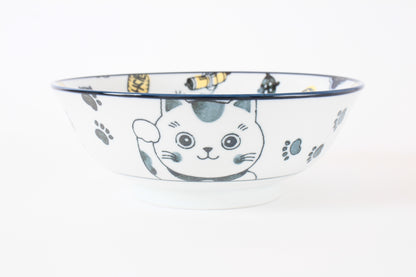 Mino ware Japanese Ceramics Ramen Noodle Donburi Bowl Lucky Beckoning Cat Manekineko Navy Blue made in Japan