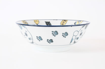 Mino ware Japanese Ceramics Ramen Noodle Donburi Bowl Lucky Beckoning Cat Manekineko Navy Blue made in Japan