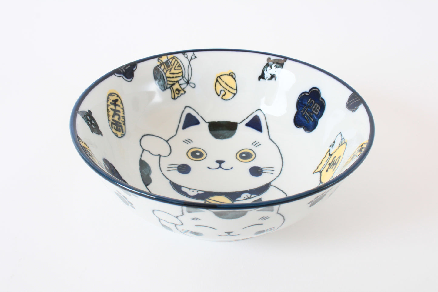 Mino ware Japanese Ceramics Ramen Noodle Donburi Bowl Lucky Beckoning Cat Manekineko Navy Blue made in Japan