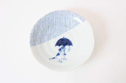 【2pcs set】Mino ware Japanese Ceramics Pair Round Plate 6.5in Japanese Cat with umbrella Tokusa pattern (set of two) made in Japan (Large Flat)