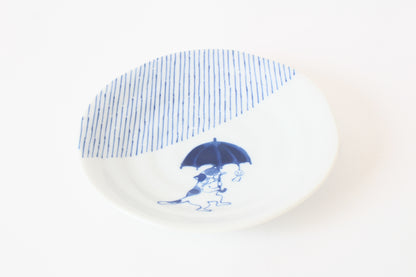 【2pcs set】Mino ware Japanese Ceramics Pair Round Plate 6.5in Japanese Cat with umbrella Tokusa pattern (set of two) made in Japan (Large Flat)