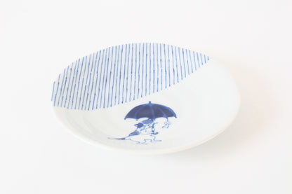 【2pcs set】Mino ware Japanese Ceramics Pair Round Plate 6.5in Japanese Cat with umbrella Tokusa pattern (set of two) made in Japan (Large Flat)