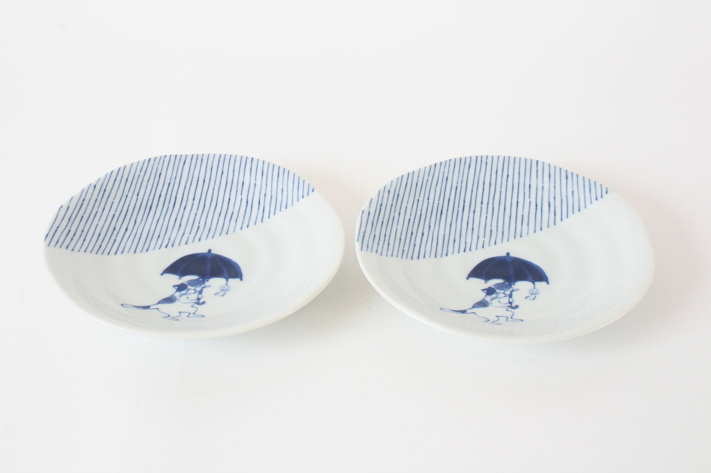 【2pcs set】Mino ware Japanese Ceramics Pair Round Plate 6.5in Japanese Cat with umbrella Tokusa pattern (set of two) made in Japan (Large Flat)
