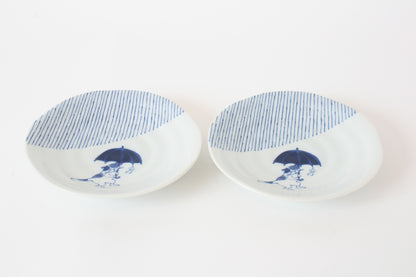 【2pcs set】Mino ware Japanese Ceramics Pair Round Plate 6.5in Japanese Cat with umbrella Tokusa pattern (set of two) made in Japan (Large Flat)