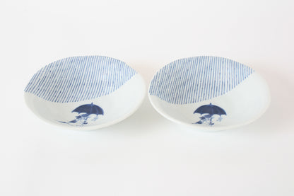 【2pcs set】Mino ware Japanese Ceramics Pair Round Plate 6.5in Japanese Cat with umbrella Tokusa pattern (set of two) made in Japan (Medium Deep)