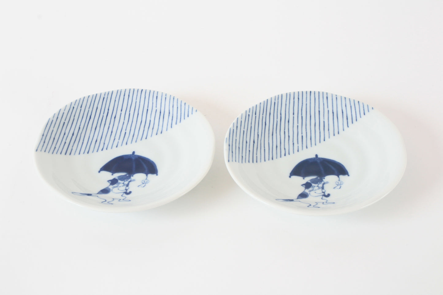 【2pcs set】Mino ware Japanese Ceramics Pair Round Plate 5.4in Japanese Cat with umbrella Tokusa pattern (set of two) made in Japan (Small Flat)