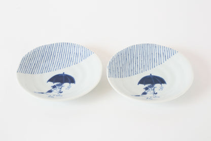 【2pcs set】Mino ware Japanese Ceramics Pair Round Plate 5.4in Japanese Cat with umbrella Tokusa pattern (set of two) made in Japan (Small Flat)