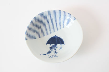【2pcs set】Mino ware Japanese Ceramics Pair Round Plate 5.4in Japanese Cat with umbrella Tokusa pattern (set of two) made in Japan (Small Deep)