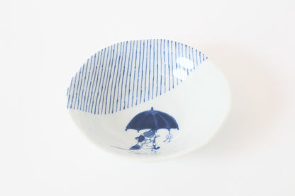 【2pcs set】Mino ware Japanese Ceramics Pair Round Plate 5.4in Japanese Cat with umbrella Tokusa pattern (set of two) made in Japan (Small Deep)