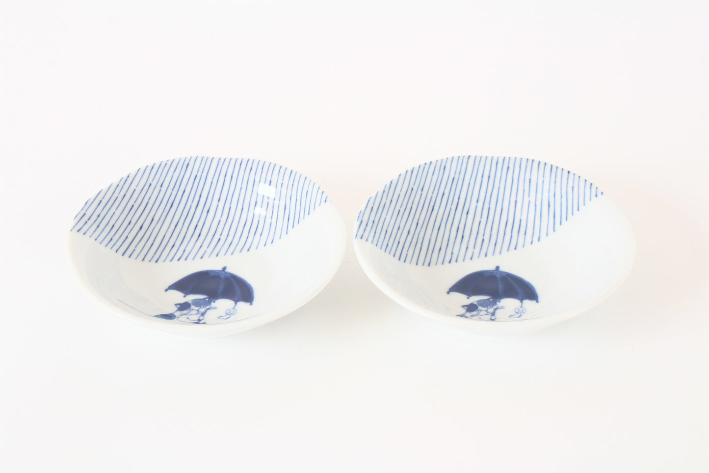 【2pcs set】Mino ware Japanese Ceramics Pair Round Plate 5.4in Japanese Cat with umbrella Tokusa pattern (set of two) made in Japan (Small Deep)