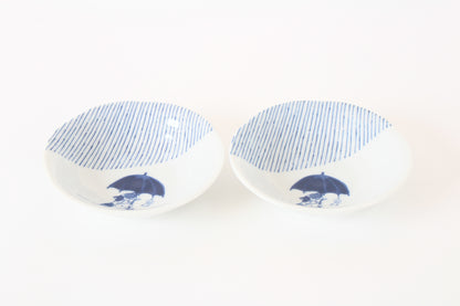 【2pcs set】Mino ware Japanese Ceramics Pair Round Plate 5.4in Japanese Cat with umbrella Tokusa pattern (set of two) made in Japan (Small Deep)