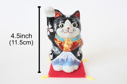 Kutani ware Ceramics Manekineko Statue Beckoning Cat Black Cat Mt. Fuji & Cherry Blossom 4.5in made in Japan