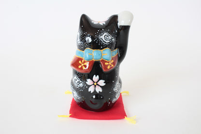Kutani ware Ceramics Manekineko Statue Beckoning Cat Black Cat Mt. Fuji & Cherry Blossom 4.5in made in Japan