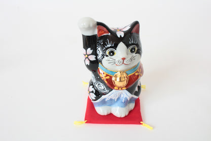 Kutani ware Ceramics Manekineko Statue Beckoning Cat Black Cat Mt. Fuji & Cherry Blossom 4.5in made in Japan