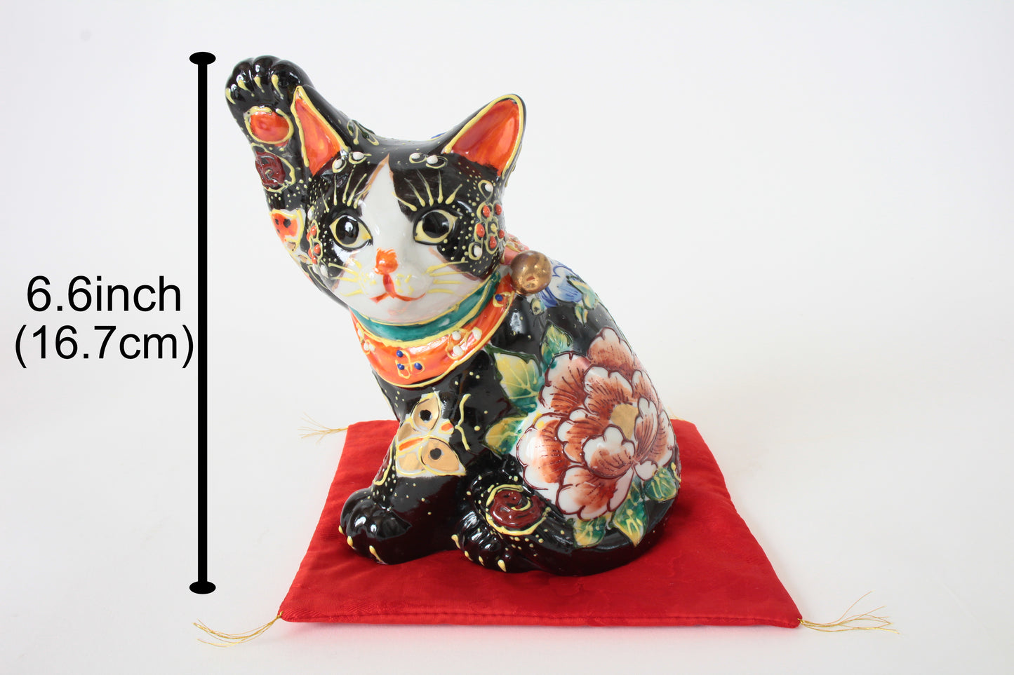 Kutani ware Ceramics Manekineko Statue Beckoning Cat Black Cat Butterfly & Flowers 6.6in Japan made