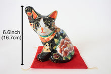 Kutani ware Ceramics Manekineko Statue Beckoning Cat Black Cat Butterfly & Flowers 6.6in Japan made