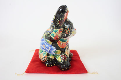 Kutani ware Ceramics Manekineko Statue Beckoning Cat Black Cat Butterfly & Flowers 6.6in Japan made