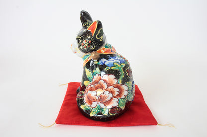 Kutani ware Ceramics Manekineko Statue Beckoning Cat Black Cat Butterfly & Flowers 6.6in Japan made