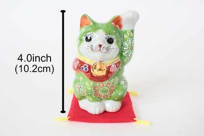 Kutani ware Ceramics Manekineko Statue Beckoning Cat Green Flower Pattern 4.0in made in Japan