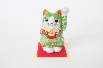 Kutani ware Ceramics Manekineko Statue Beckoning Cat Green Flower Pattern 4.0in made in Japan