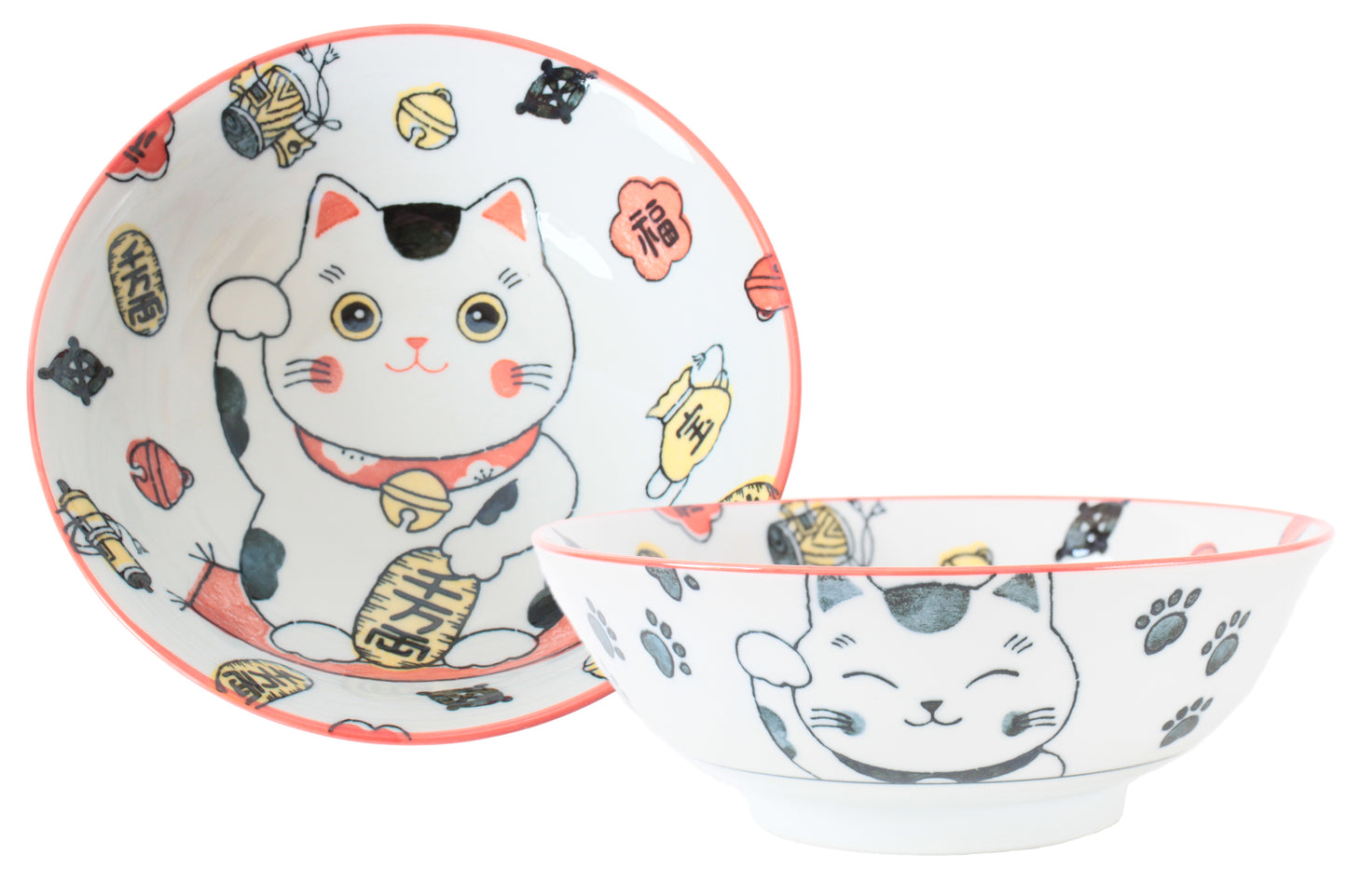 Mino ware Japanese Ceramics Ramen Noodle Donburi Bowl Lucky Beckoning Cat Manekineko Red made in Japan
