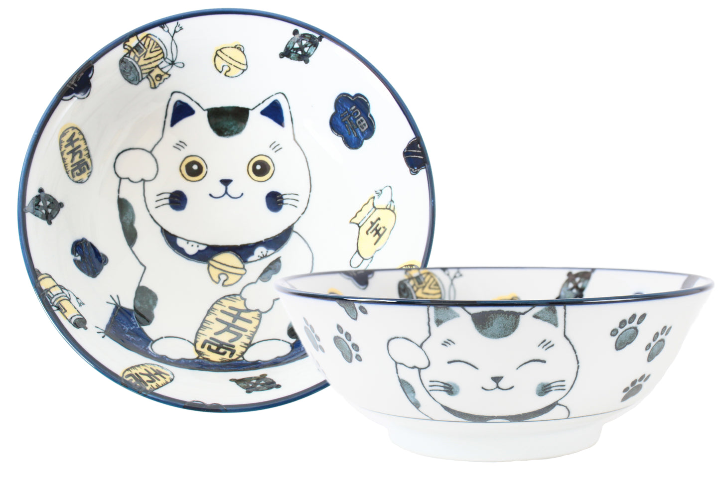 Mino ware Japanese Ceramics Ramen Noodle Donburi Bowl Lucky Beckoning Cat Manekineko Navy Blue made in Japan