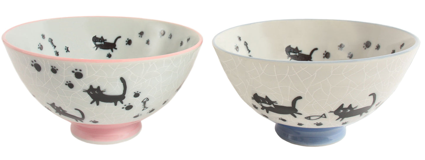 【2pcs set】Mino ware Japanese Ceramics Pair Rice Bowl Pink & Blue Black Cat Walking made in Japan