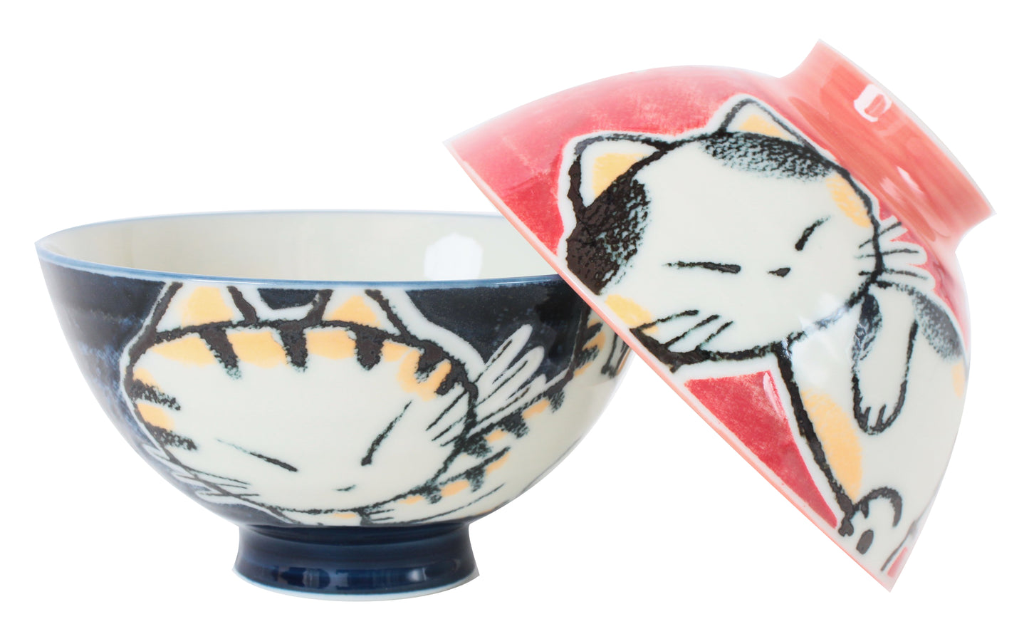 【2pcs set】Mino ware Japanese Ceramics Pair Rice Bowl Red & Blue Tabby Cat made in Japan