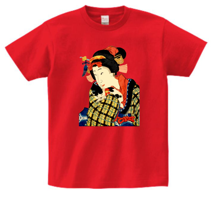 Japanese Ukiyo-e Design T-shirt Geisha Woman Holding a Cat 5.6oz