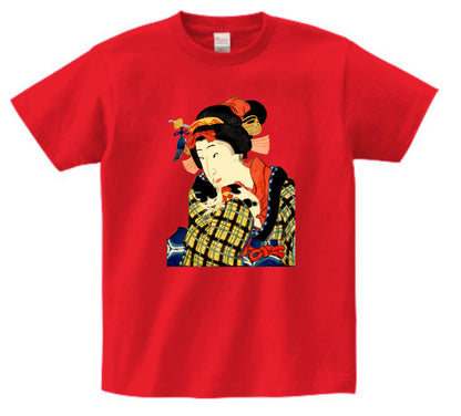 Japanese Ukiyo-e Design T-shirt Geisha Woman Holding a Cat 5.6oz