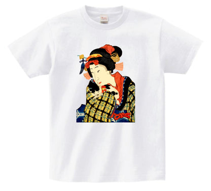 Japanese Ukiyo-e Design T-shirt Geisha Woman Holding a Cat 5.6oz
