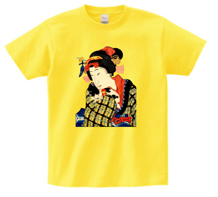 Japanese Ukiyo-e Design T-shirt Geisha Woman Holding a Cat 5.6oz