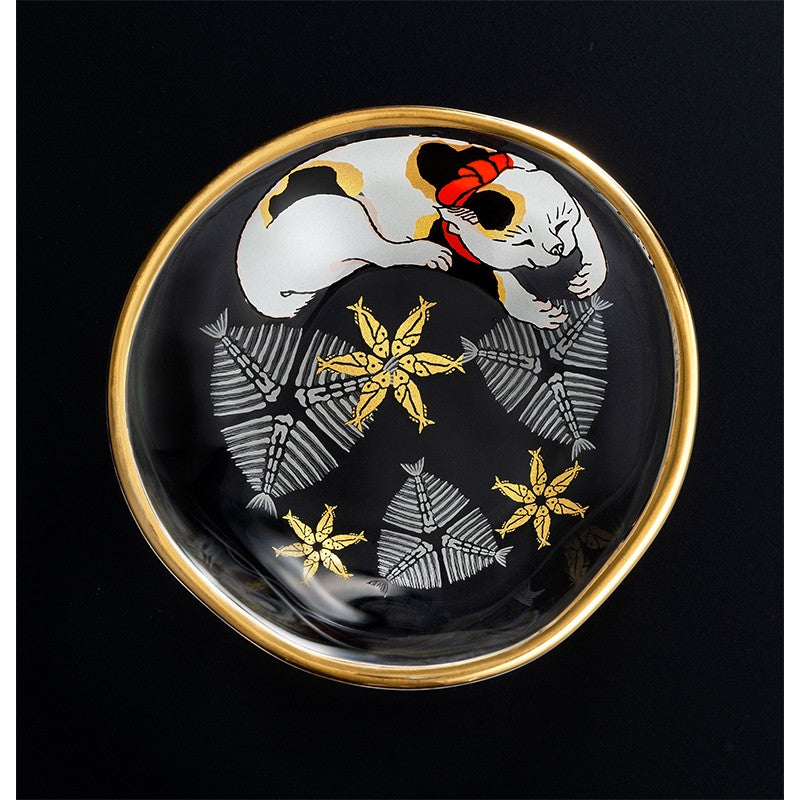 Japanese Sake Glass & Saucer Set Edo Neko Japanese Ukiyo-e Cat Printed Gold Edge with Wooden Box made in Japan