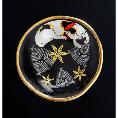 Japanese Sake Glass & Saucer Set Edo Neko Japanese Ukiyo-e Cat Printed Gold Edge with Wooden Box made in Japan